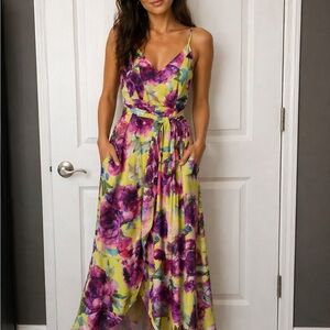 Badgley Mischka Yellow and Purple Floral Midi Dress